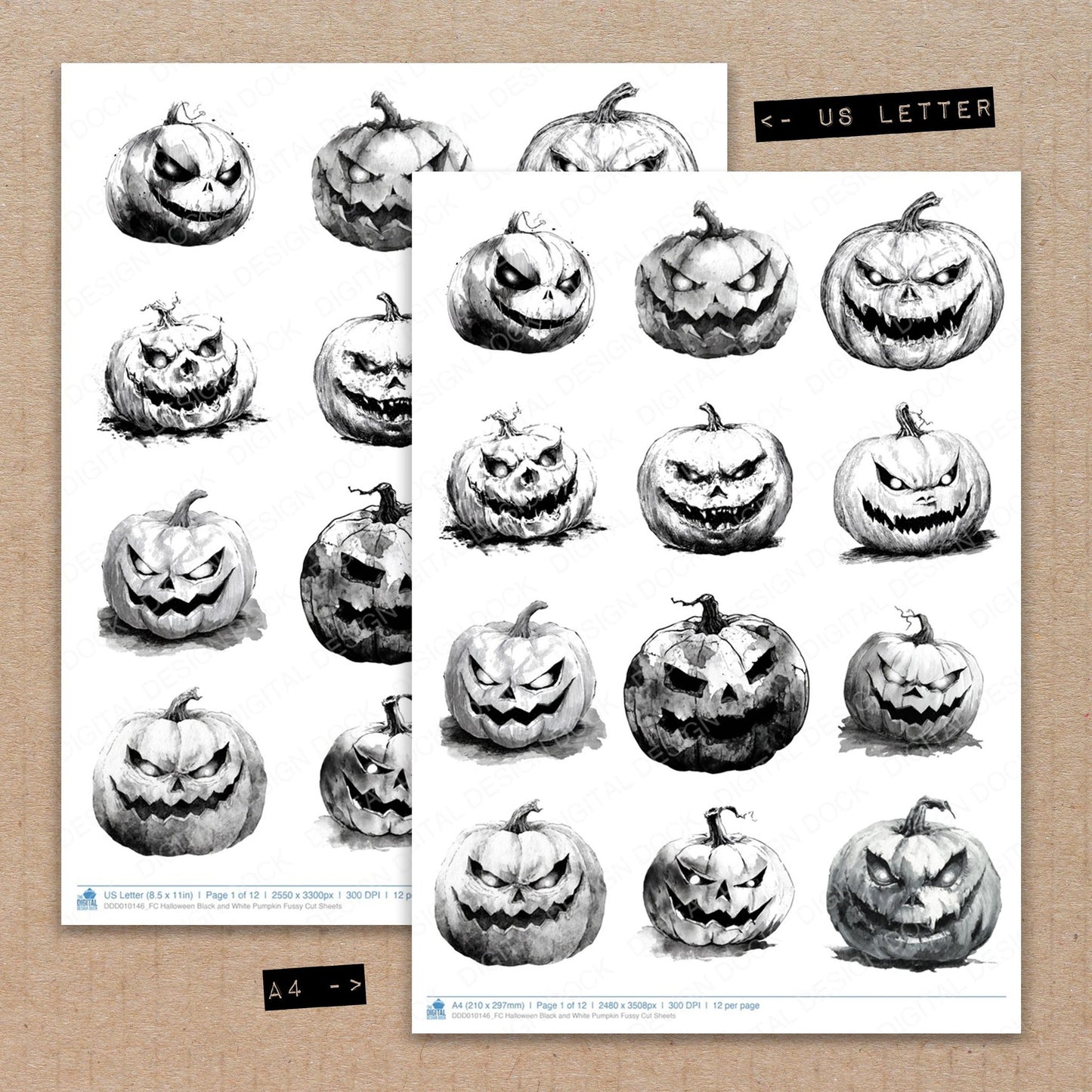 A4 and US Letter format comparison showing Halloween Black and White Pumpkin fussy cut pages for print and cut crafting