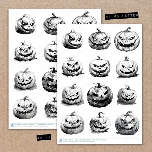A4 and US Letter format comparison showing Halloween Black and White Pumpkin fussy cut pages for print and cut crafting