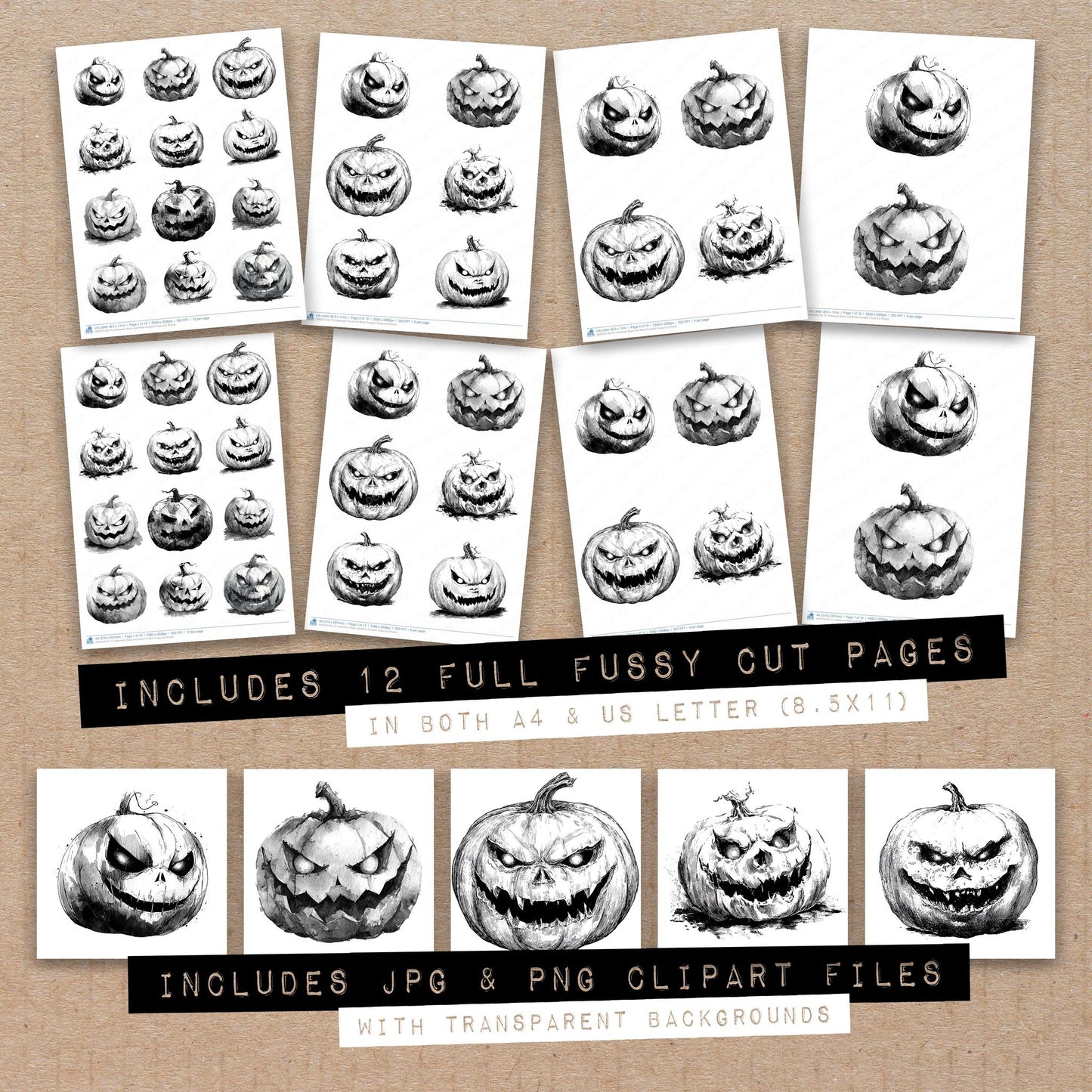 Full collection view of Halloween Black and White Pumpkin fussy cut sheets with bonus clipart JPG and PNG files