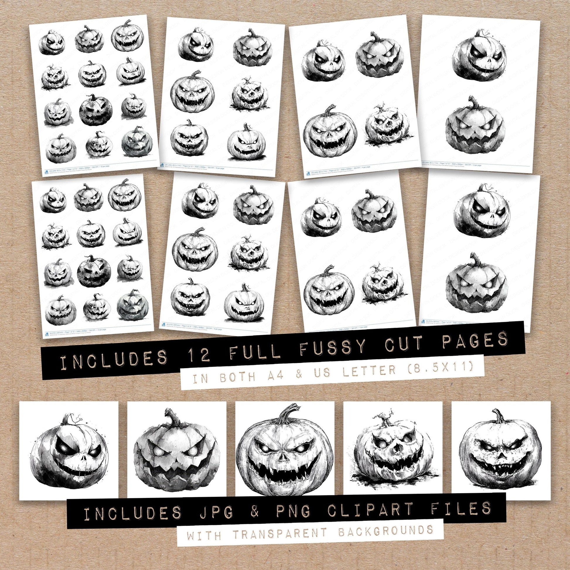 Full collection view of Halloween Black and White Pumpkin fussy cut sheets with bonus clipart JPG and PNG files