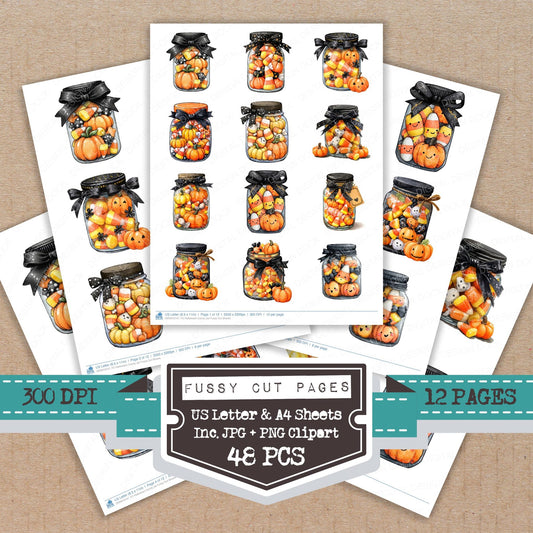 Halloween Candy Jar fussy cut printable sheets for junk journaling, scrapbooking, and paper craft projects