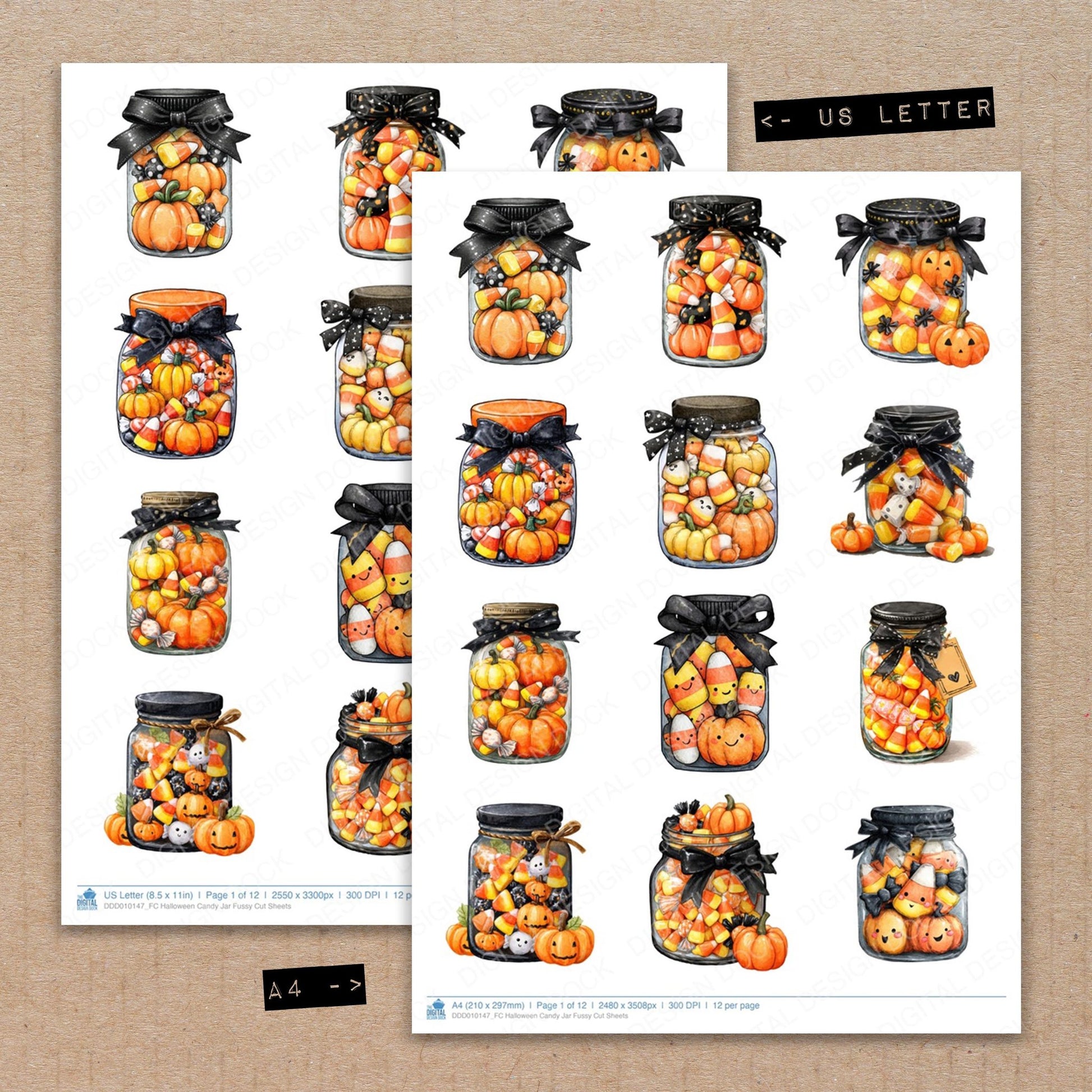 A4 and US Letter format comparison showing Halloween Candy Jar fussy cut pages for print and cut crafting