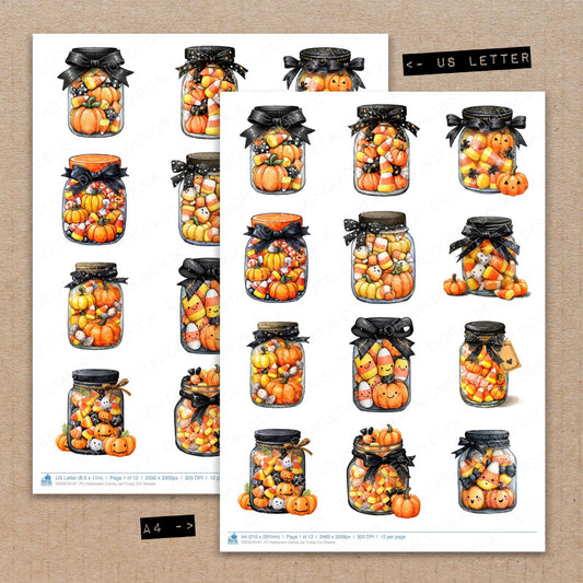 A4 and US Letter format comparison showing Halloween Candy Jar fussy cut pages for print and cut crafting