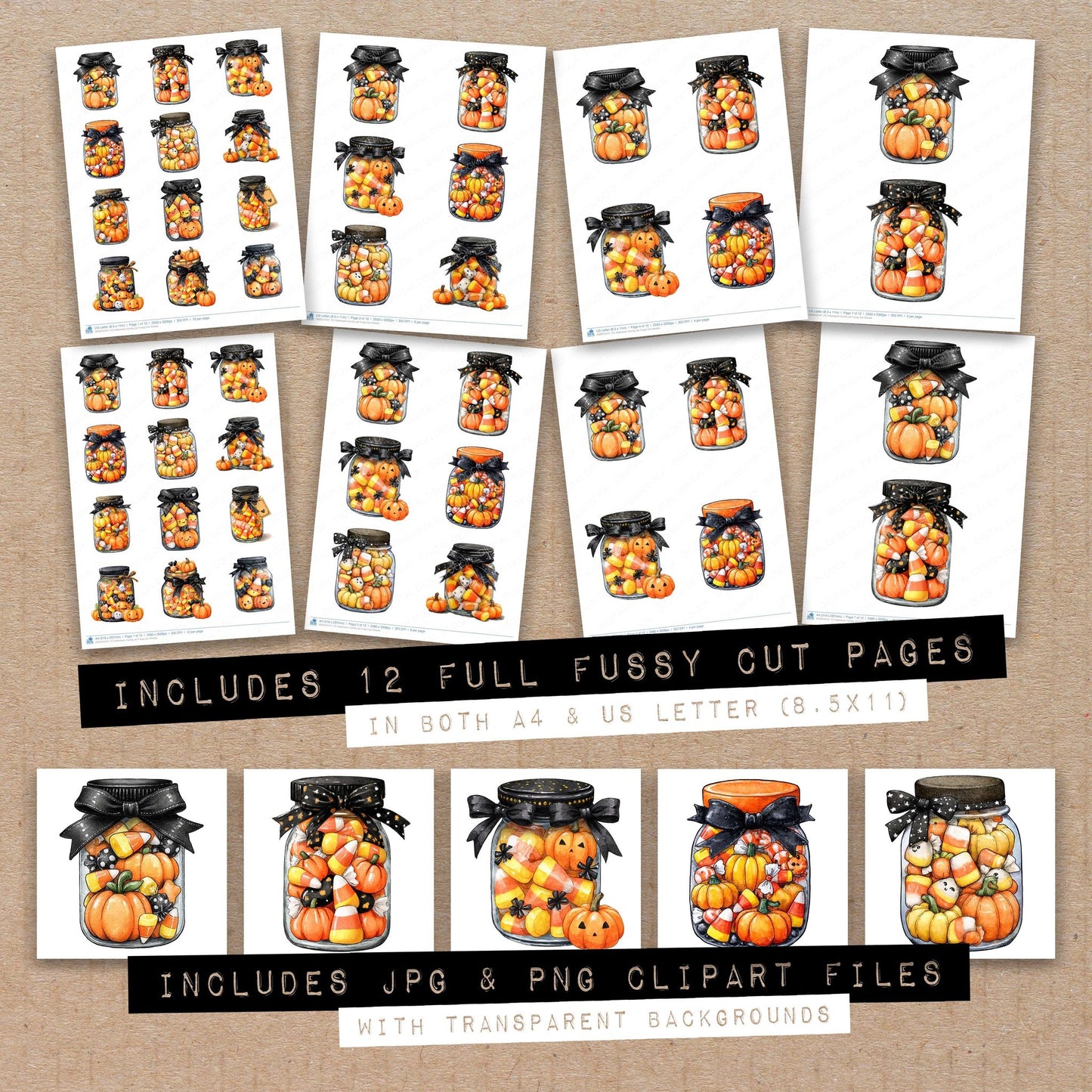 Full collection view of Halloween Candy Jar fussy cut sheets with bonus clipart JPG and PNG files