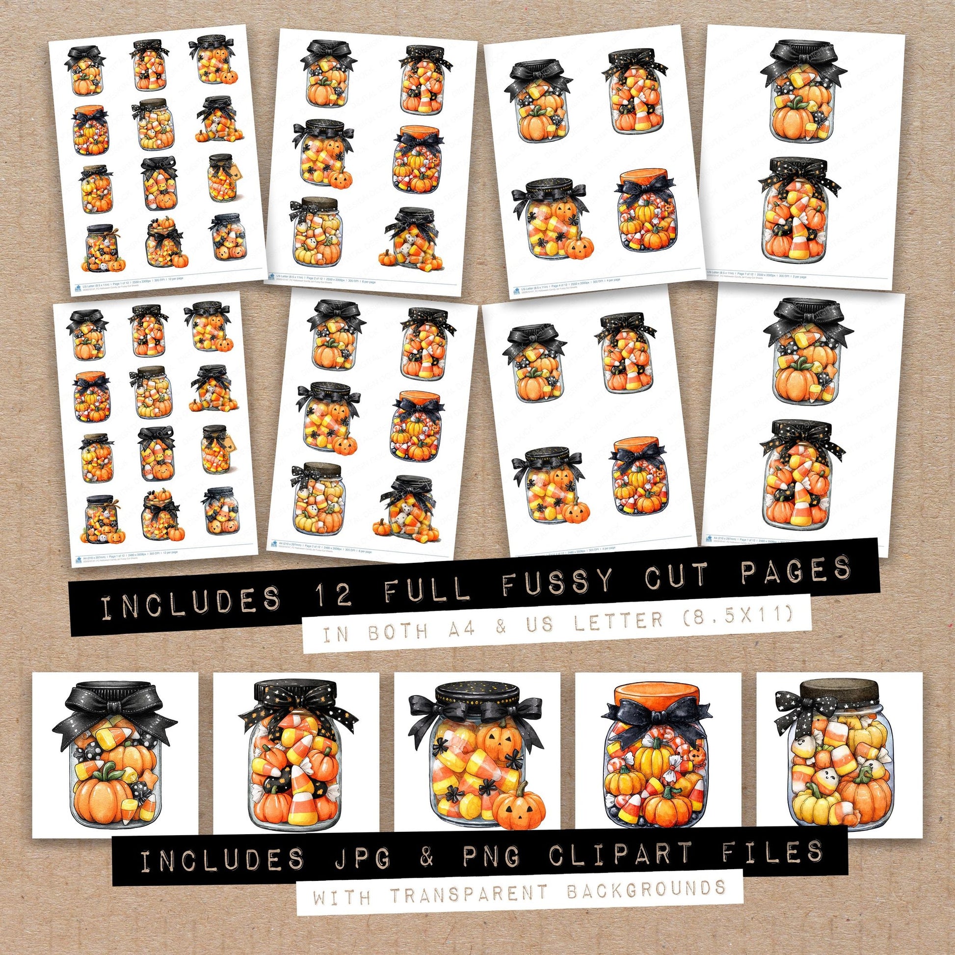 Full collection view of Halloween Candy Jar fussy cut sheets with bonus clipart JPG and PNG files