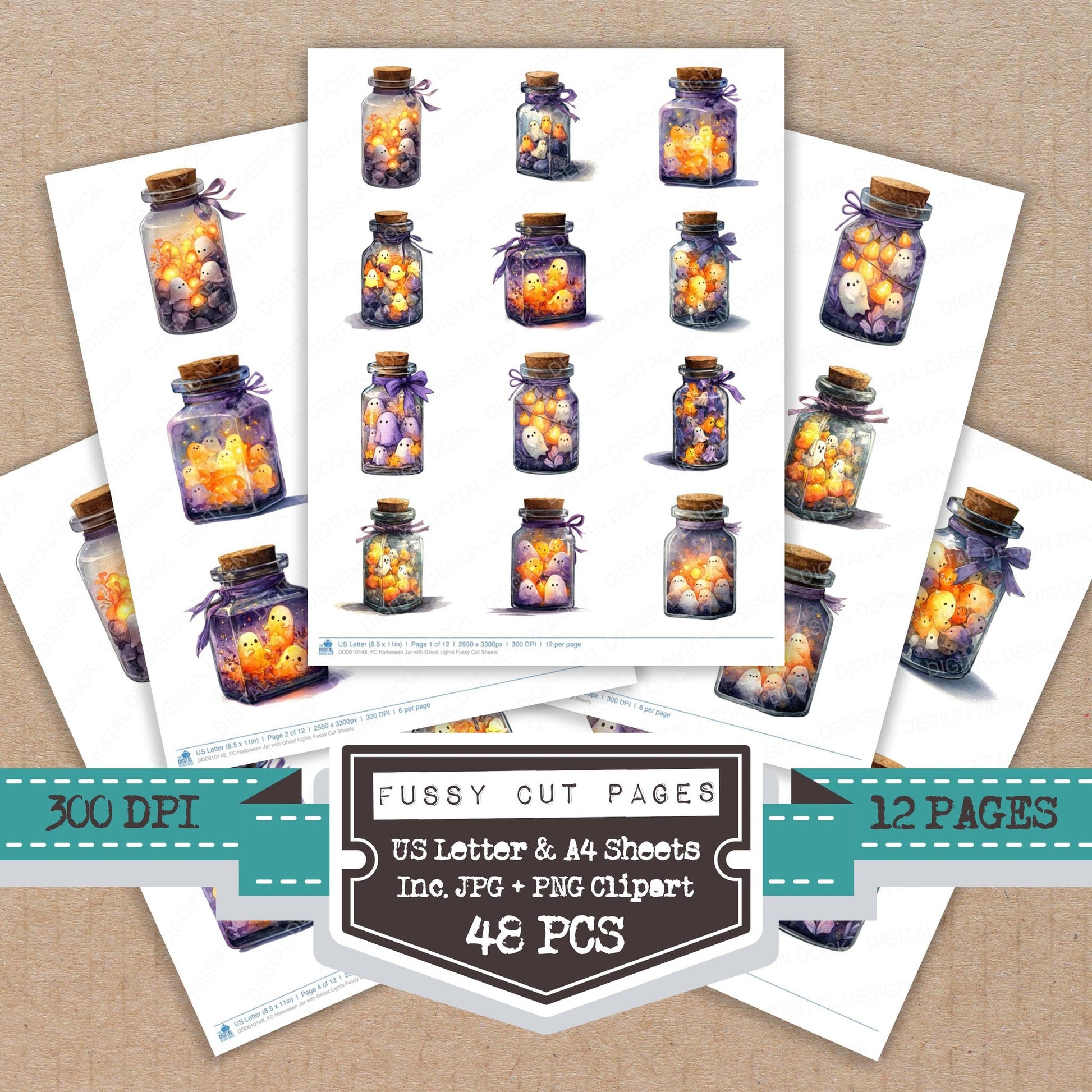 Halloween Jar with Ghost Lights fussy cut printable sheets for junk journaling, scrapbooking, and paper craft projects