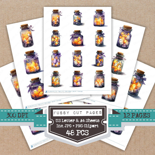Halloween Jar with Ghost Lights fussy cut printable sheets for junk journaling, scrapbooking, and paper craft projects
