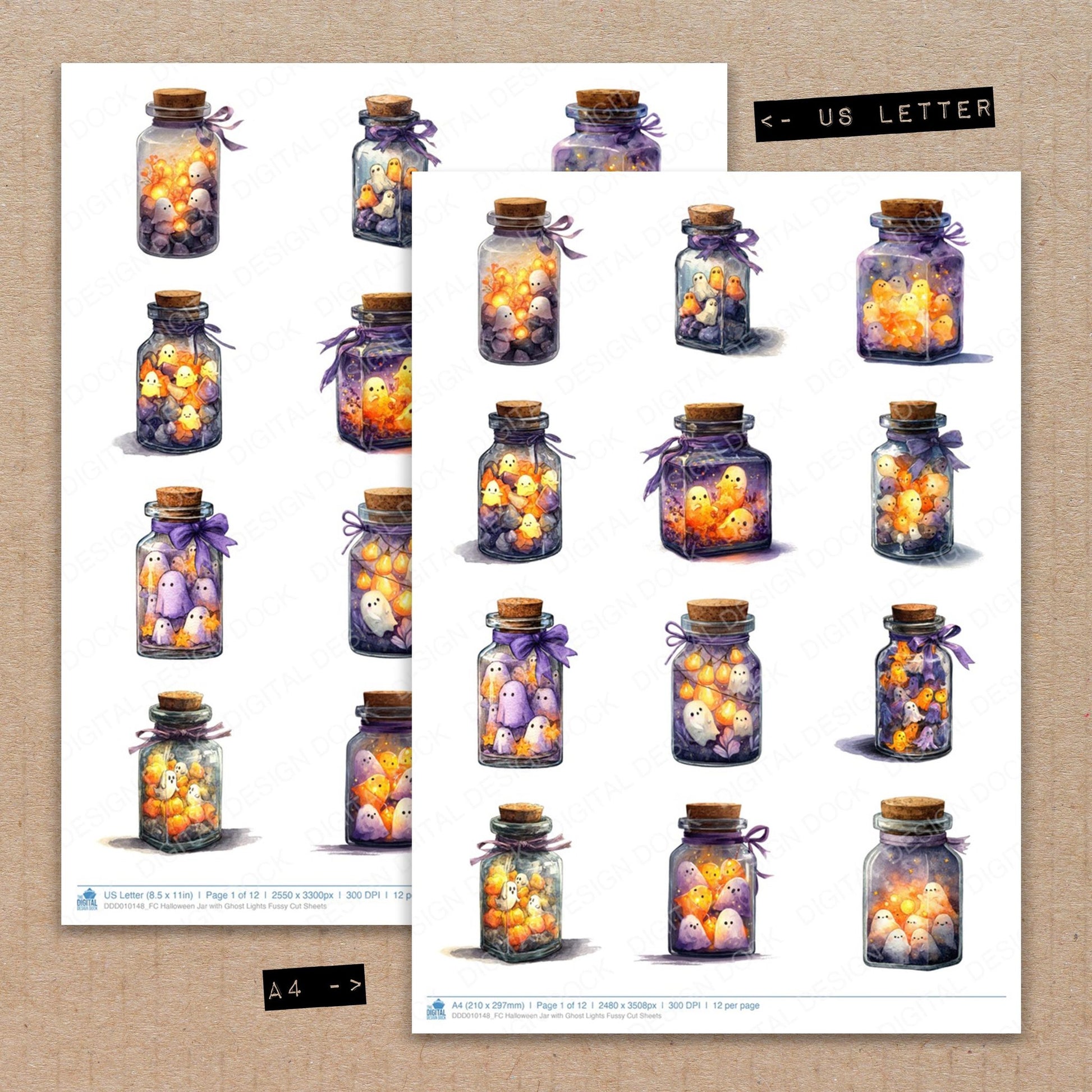 A4 and US Letter format comparison showing Halloween Jar with Ghost Lights fussy cut pages for print and cut crafting