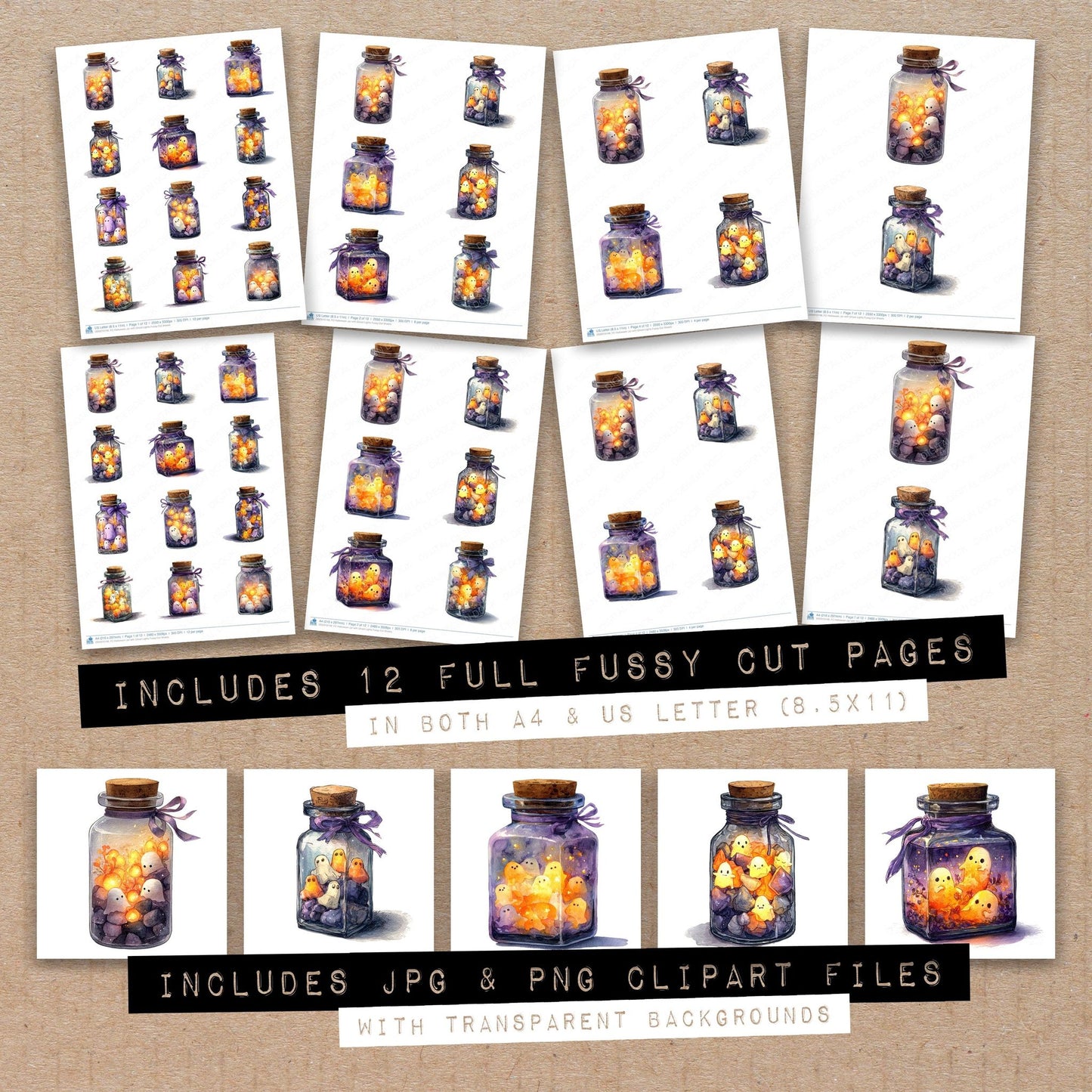 Full collection view of Halloween Jar with Ghost Lights fussy cut sheets with bonus clipart JPG and PNG files