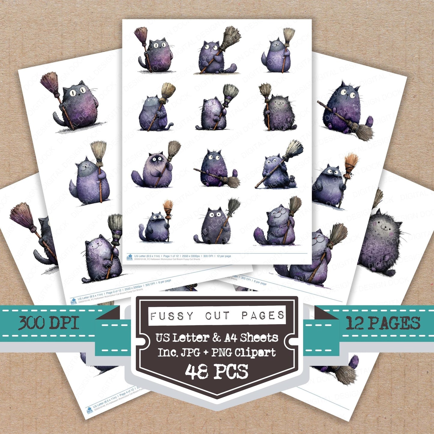Halloween Watercolour Cat Broom Fussy Cut Sheets (DDD010149)