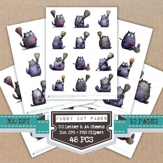 Halloween Watercolour Cat Broom Fussy Cut Sheets (DDD010149)