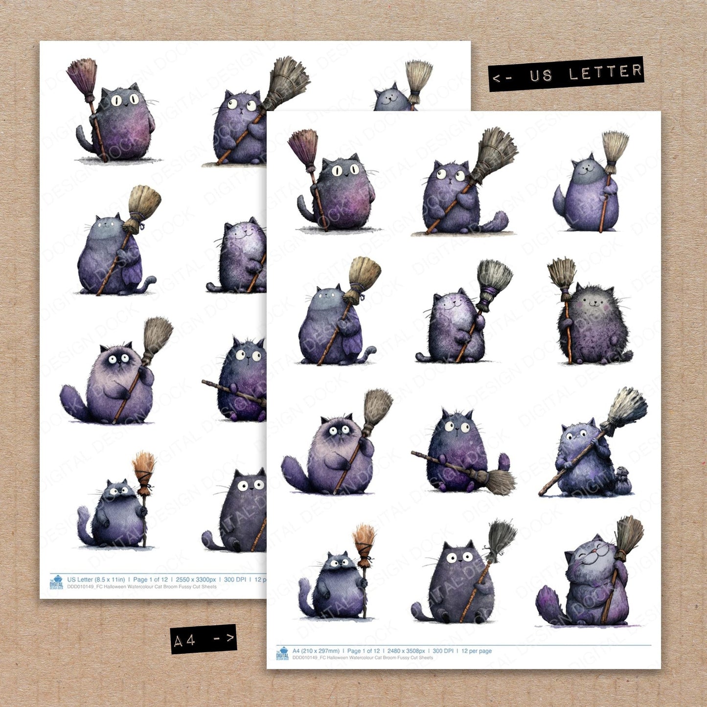 Halloween Watercolour Cat Broom Fussy Cut Sheets (DDD010149)