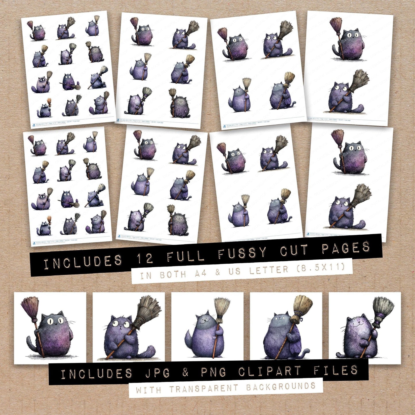 Halloween Watercolour Cat Broom Fussy Cut Sheets (DDD010149)
