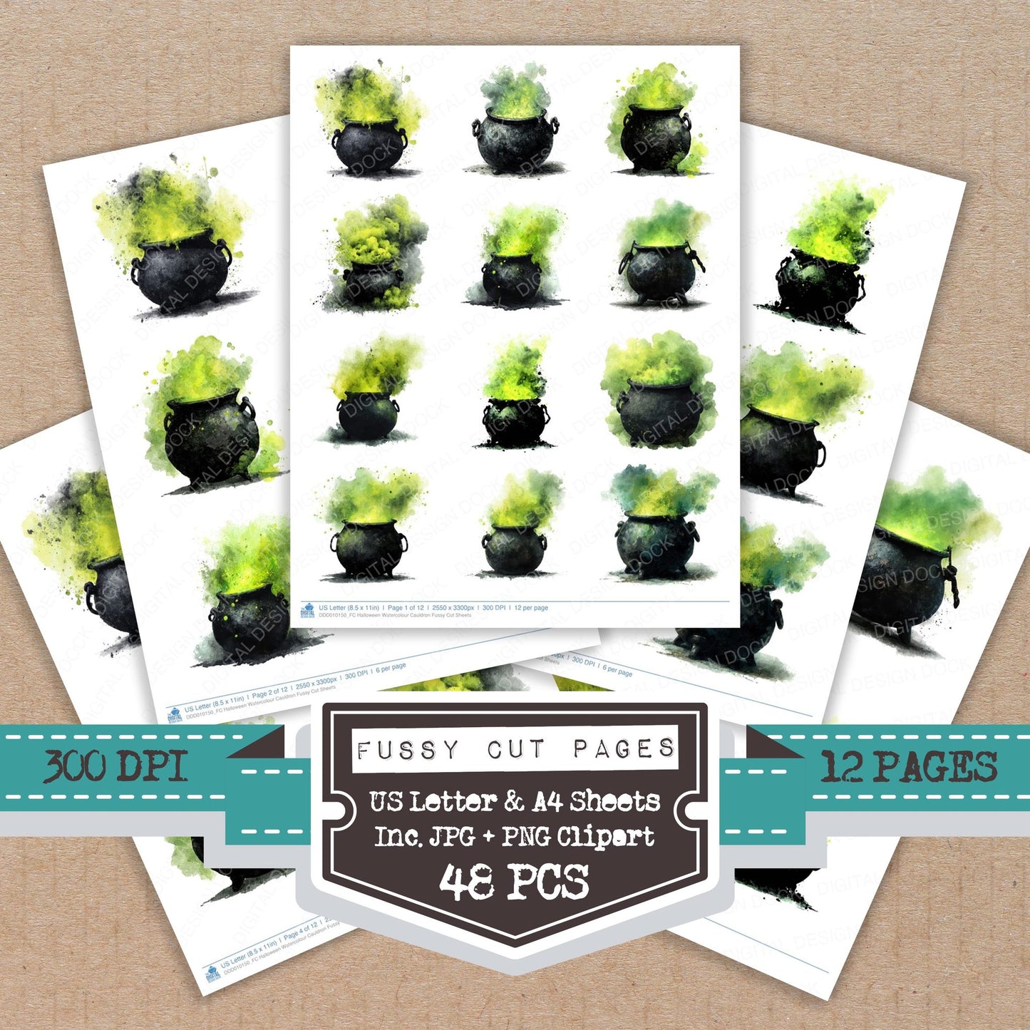 Halloween Watercolour Cauldron fussy cut printable sheets for junk journaling, scrapbooking, and paper craft projects