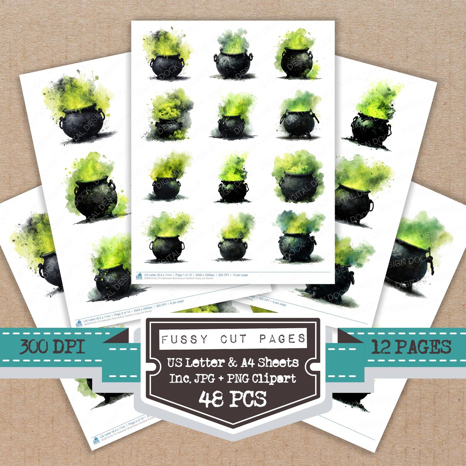 Halloween Watercolour Cauldron fussy cut printable sheets for junk journaling, scrapbooking, and paper craft projects