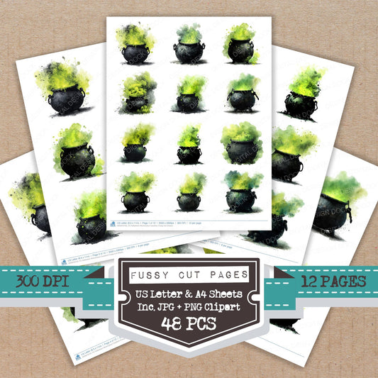 Halloween Watercolour Cauldron fussy cut printable sheets for junk journaling, scrapbooking, and paper craft projects