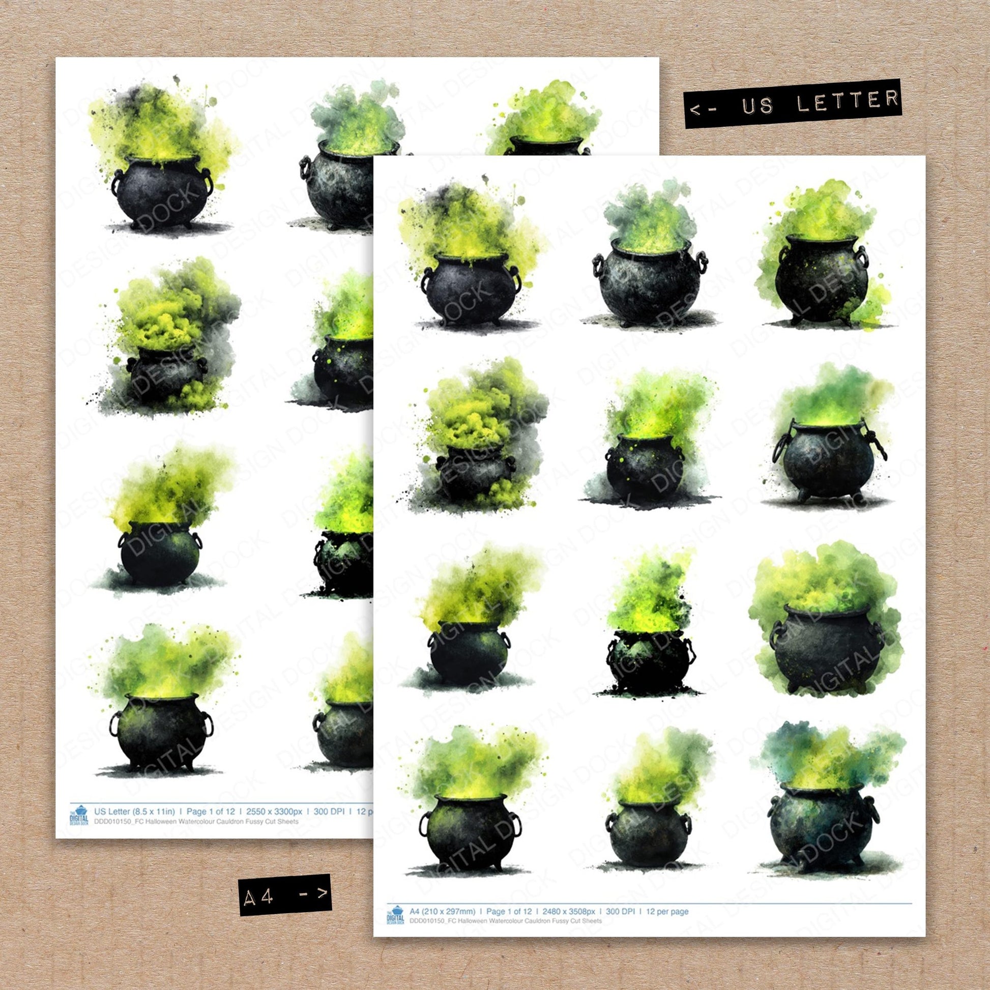 A4 and US Letter format comparison showing Halloween Watercolour Cauldron fussy cut pages for print and cut crafting