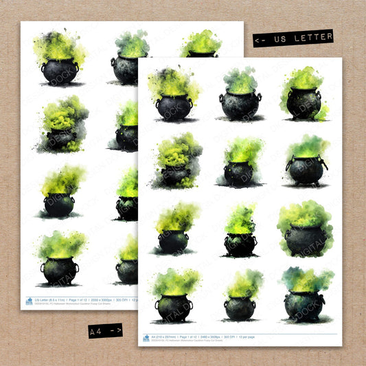 A4 and US Letter format comparison showing Halloween Watercolour Cauldron fussy cut pages for print and cut crafting