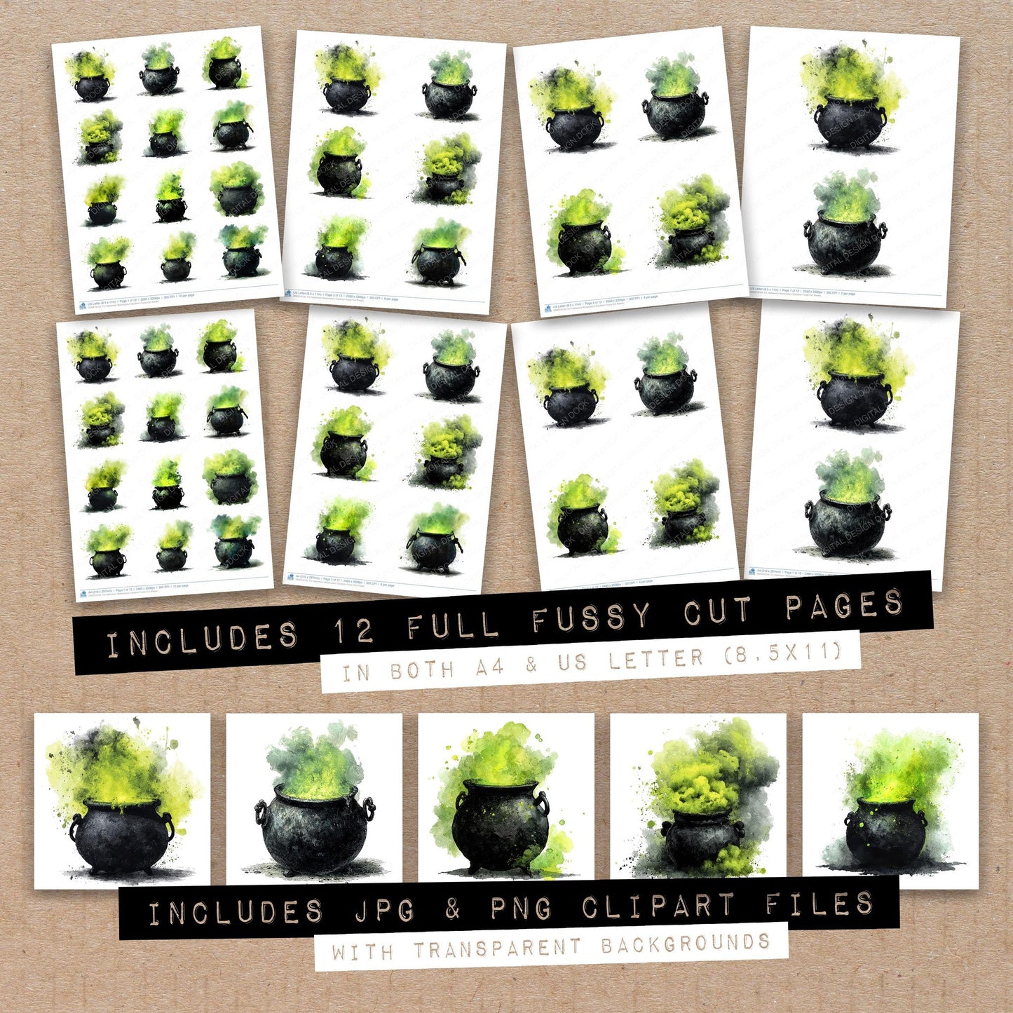 Full collection view of Halloween Watercolour Cauldron fussy cut sheets with bonus clipart JPG and PNG files
