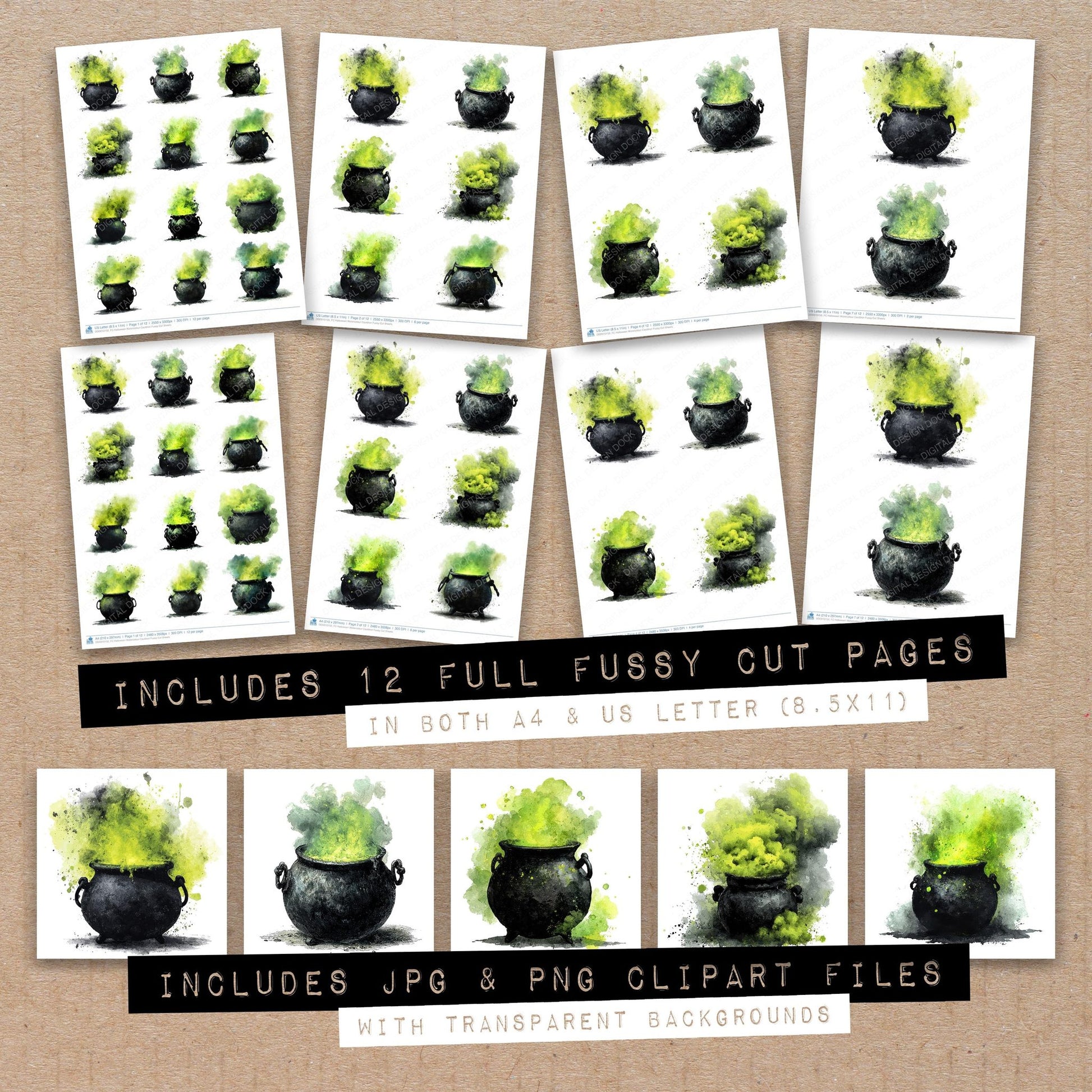 Full collection view of Halloween Watercolour Cauldron fussy cut sheets with bonus clipart JPG and PNG files
