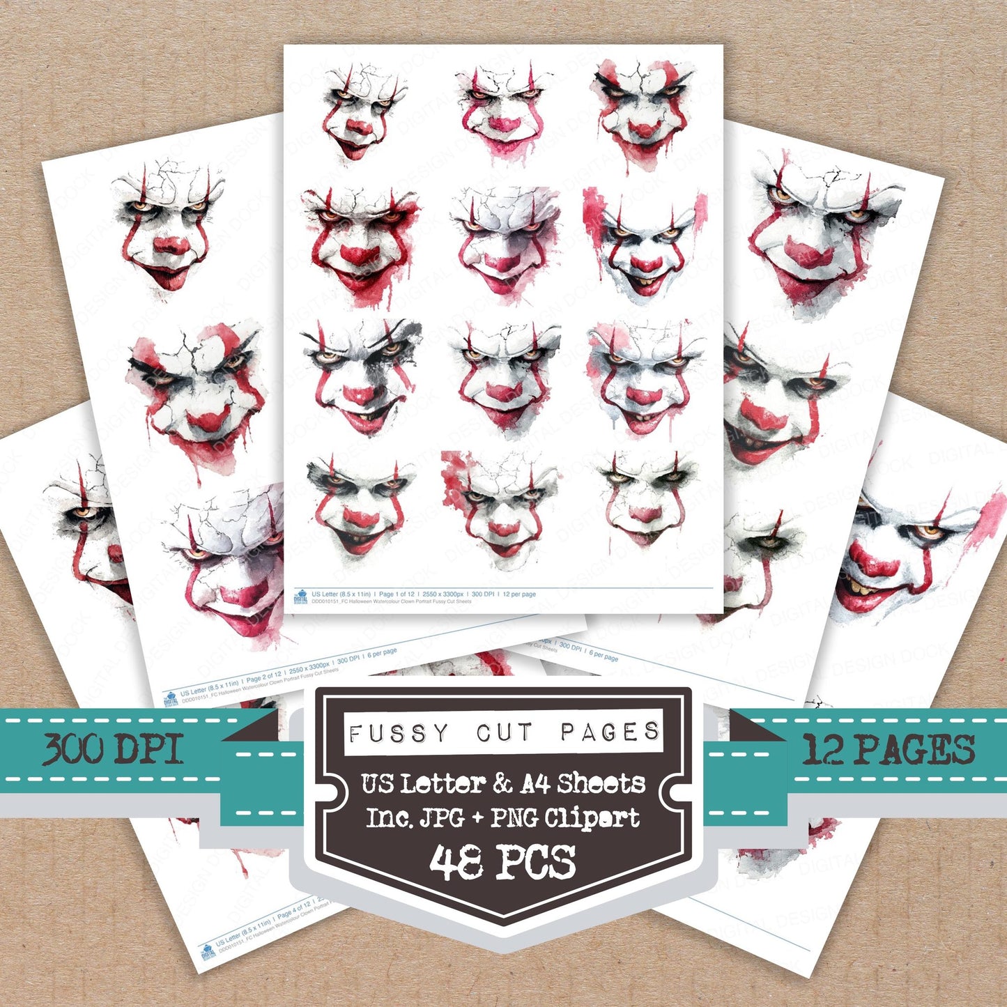 Halloween Watercolour Clown Portrait fussy cut printable sheets for junk journaling, scrapbooking, and paper craft projects