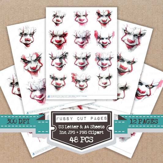 Halloween Watercolour Clown Portrait fussy cut printable sheets for junk journaling, scrapbooking, and paper craft projects