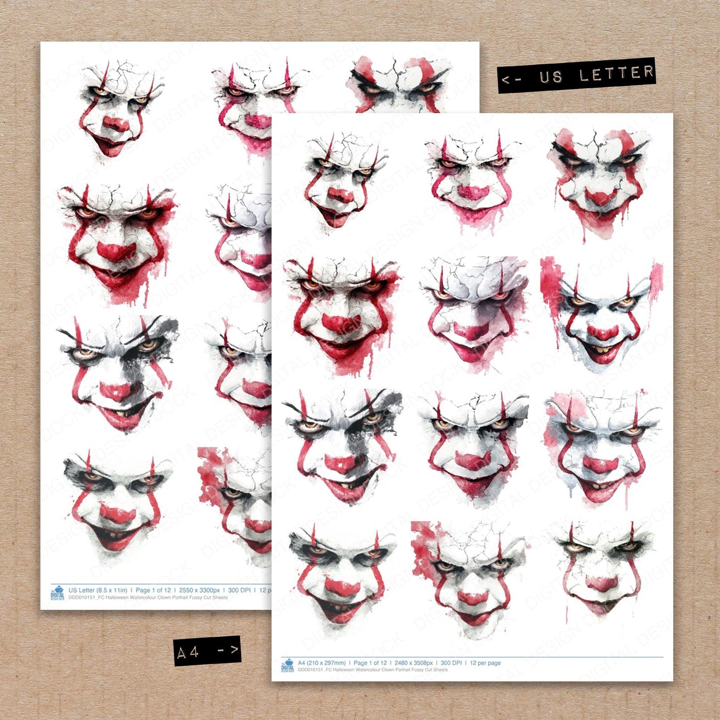 A4 and US Letter format comparison showing Halloween Watercolour Clown Portrait fussy cut pages for print and cut crafting