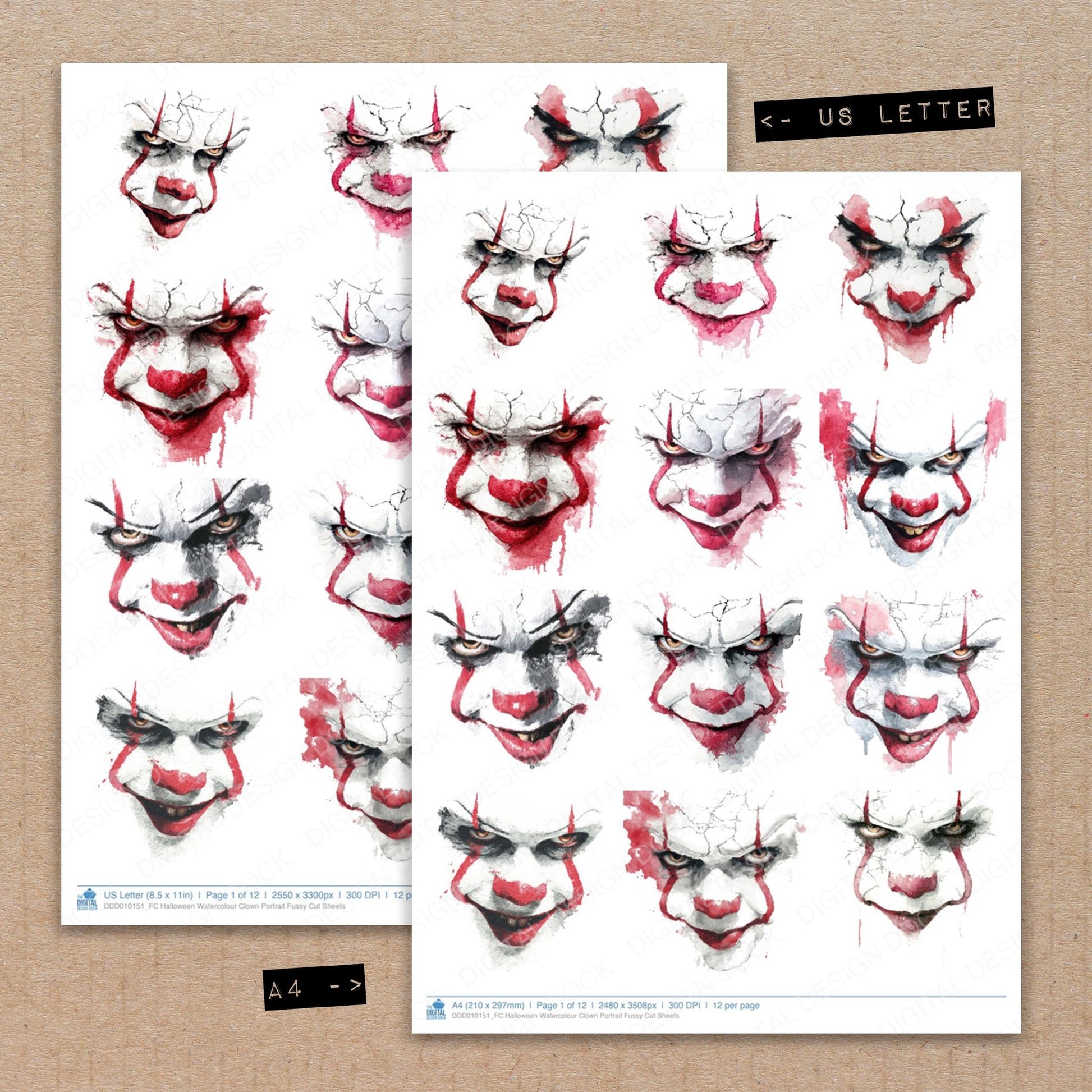 A4 and US Letter format comparison showing Halloween Watercolour Clown Portrait fussy cut pages for print and cut crafting