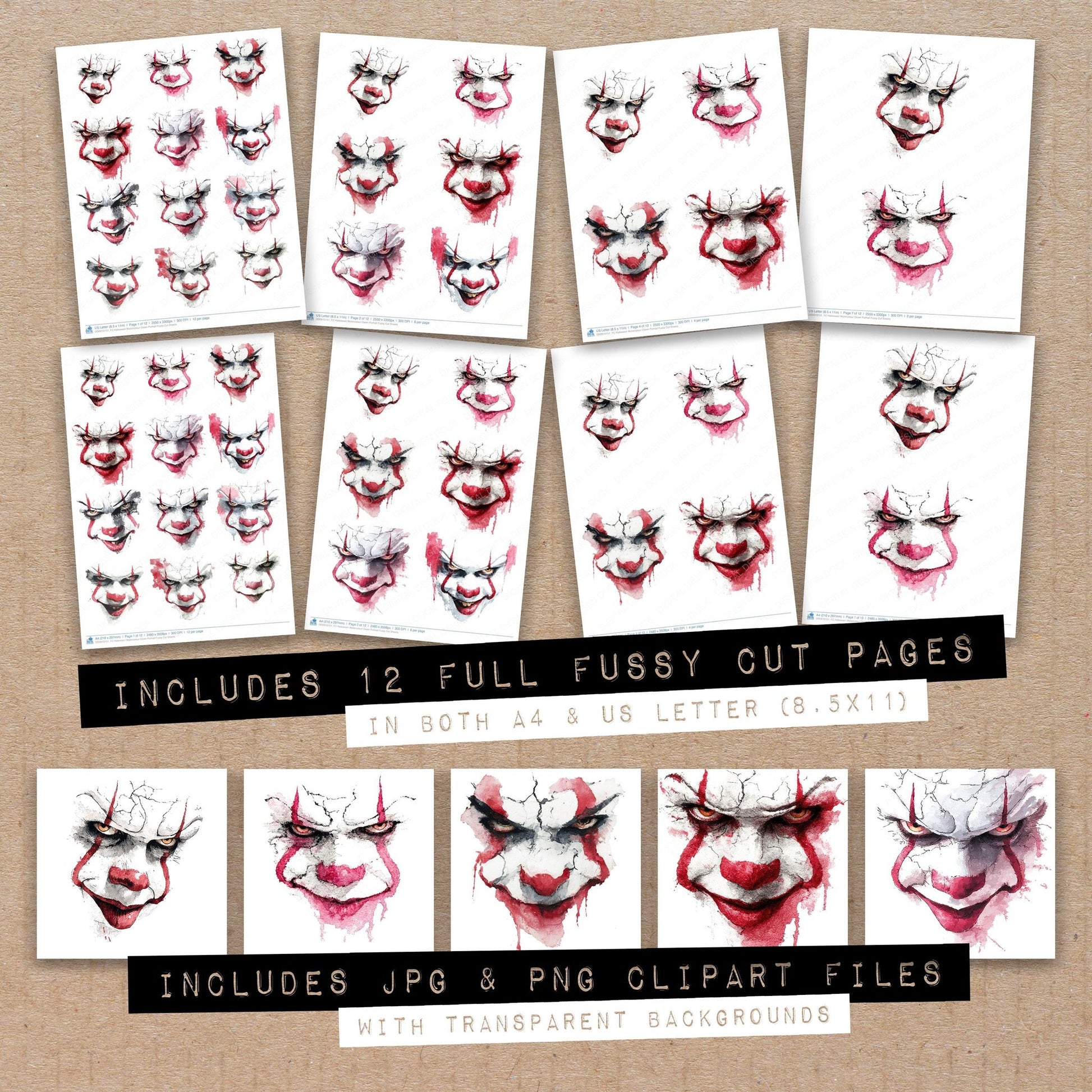 Full collection view of Halloween Watercolour Clown Portrait fussy cut sheets with bonus clipart JPG and PNG files