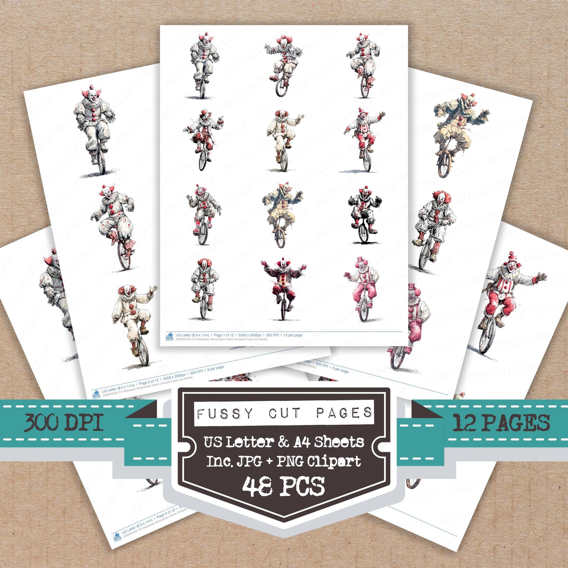 Halloween Watercolour Clown Unicycle fussy cut printable sheets for junk journaling, scrapbooking, and paper craft projects