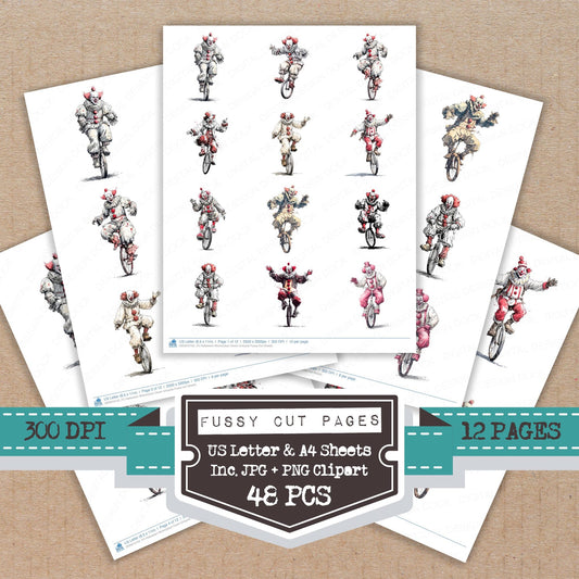 Halloween Watercolour Clown Unicycle fussy cut printable sheets for junk journaling, scrapbooking, and paper craft projects