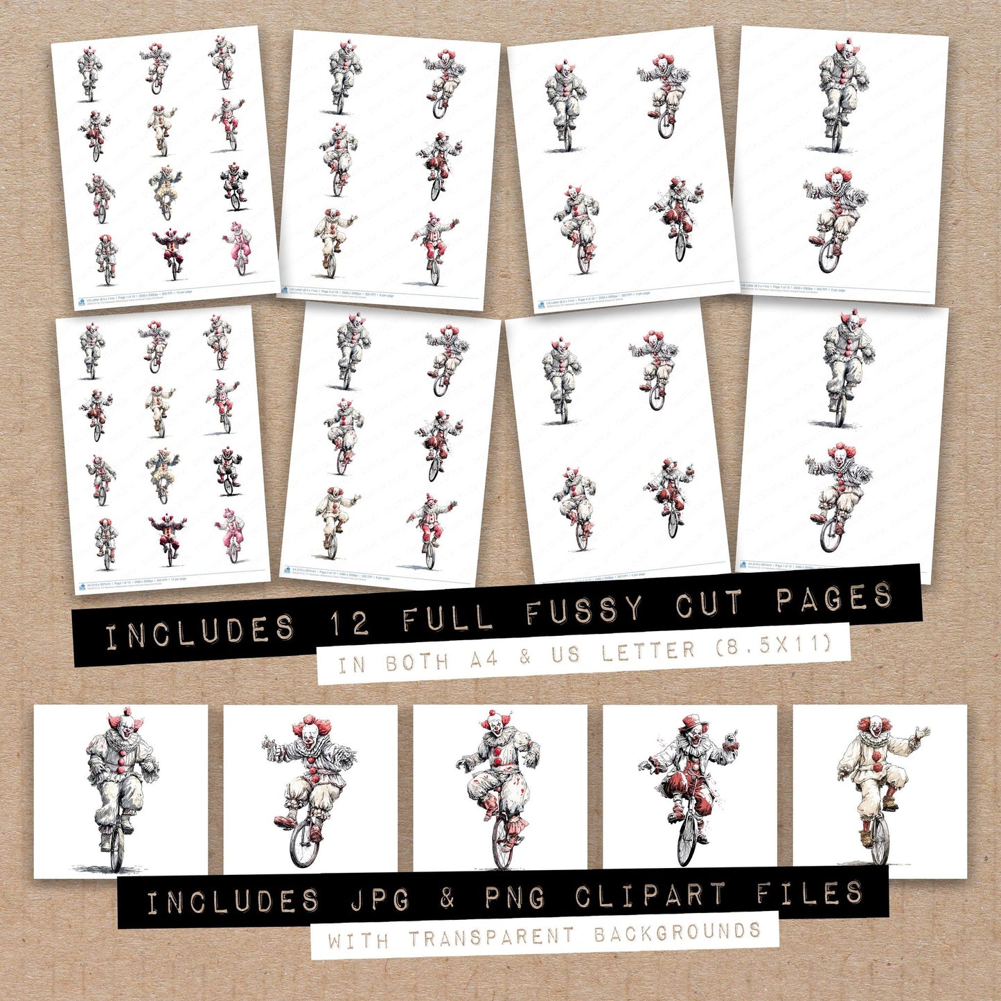 Full collection view of Halloween Watercolour Clown Unicycle fussy cut sheets with bonus clipart JPG and PNG files