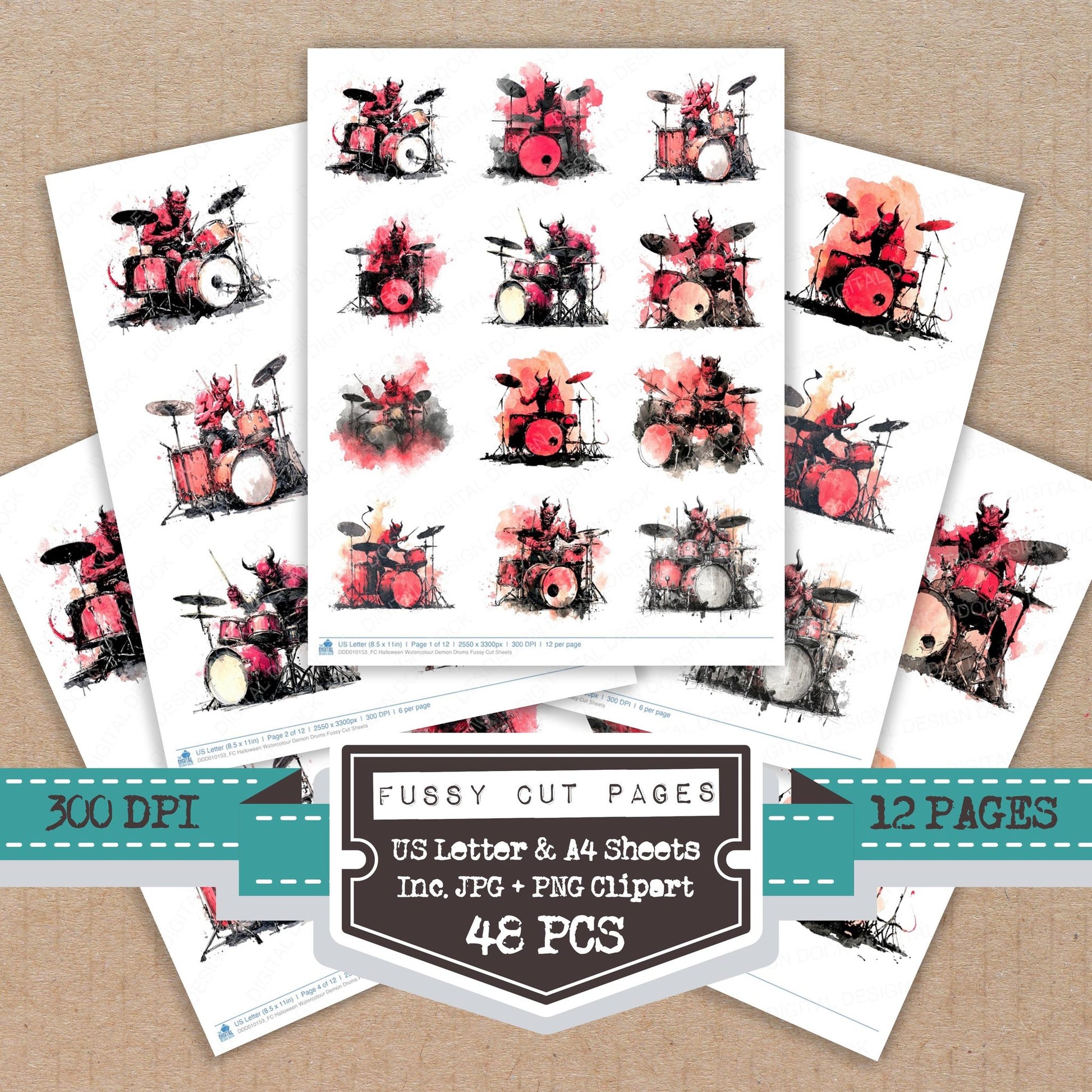 Halloween Watercolour Demon Drums fussy cut printable sheets for junk journaling, scrapbooking, and paper craft projects