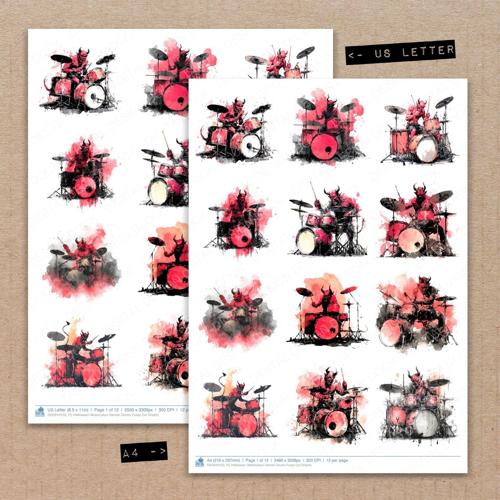 A4 and US Letter format comparison showing Halloween Watercolour Demon Drums fussy cut pages for print and cut crafting