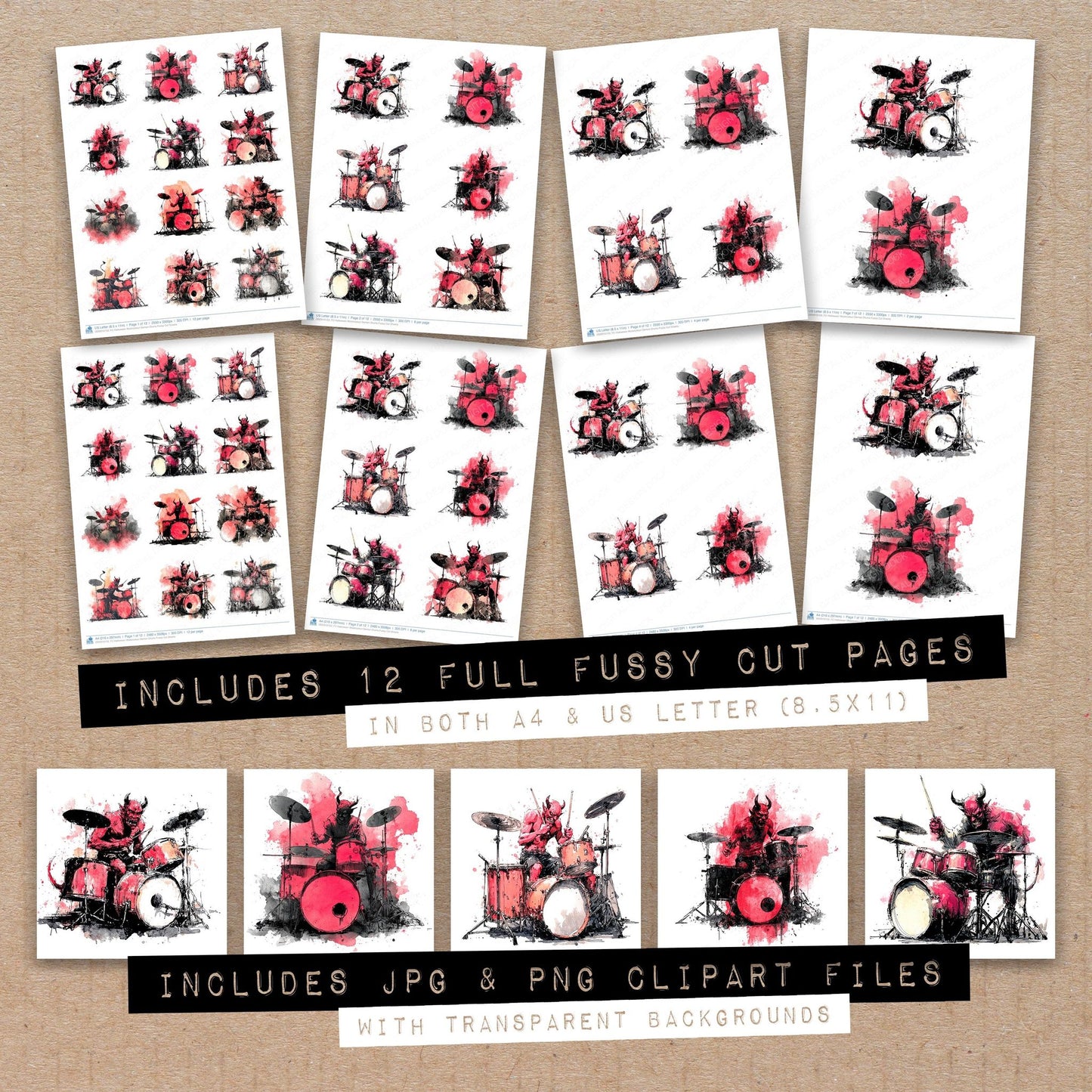 Full collection view of Halloween Watercolour Demon Drums fussy cut sheets with bonus clipart JPG and PNG files