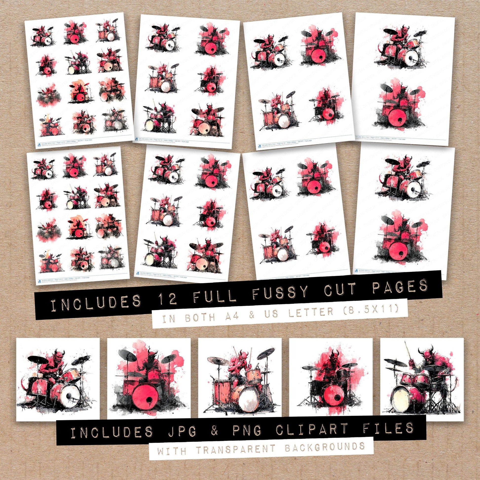 Full collection view of Halloween Watercolour Demon Drums fussy cut sheets with bonus clipart JPG and PNG files