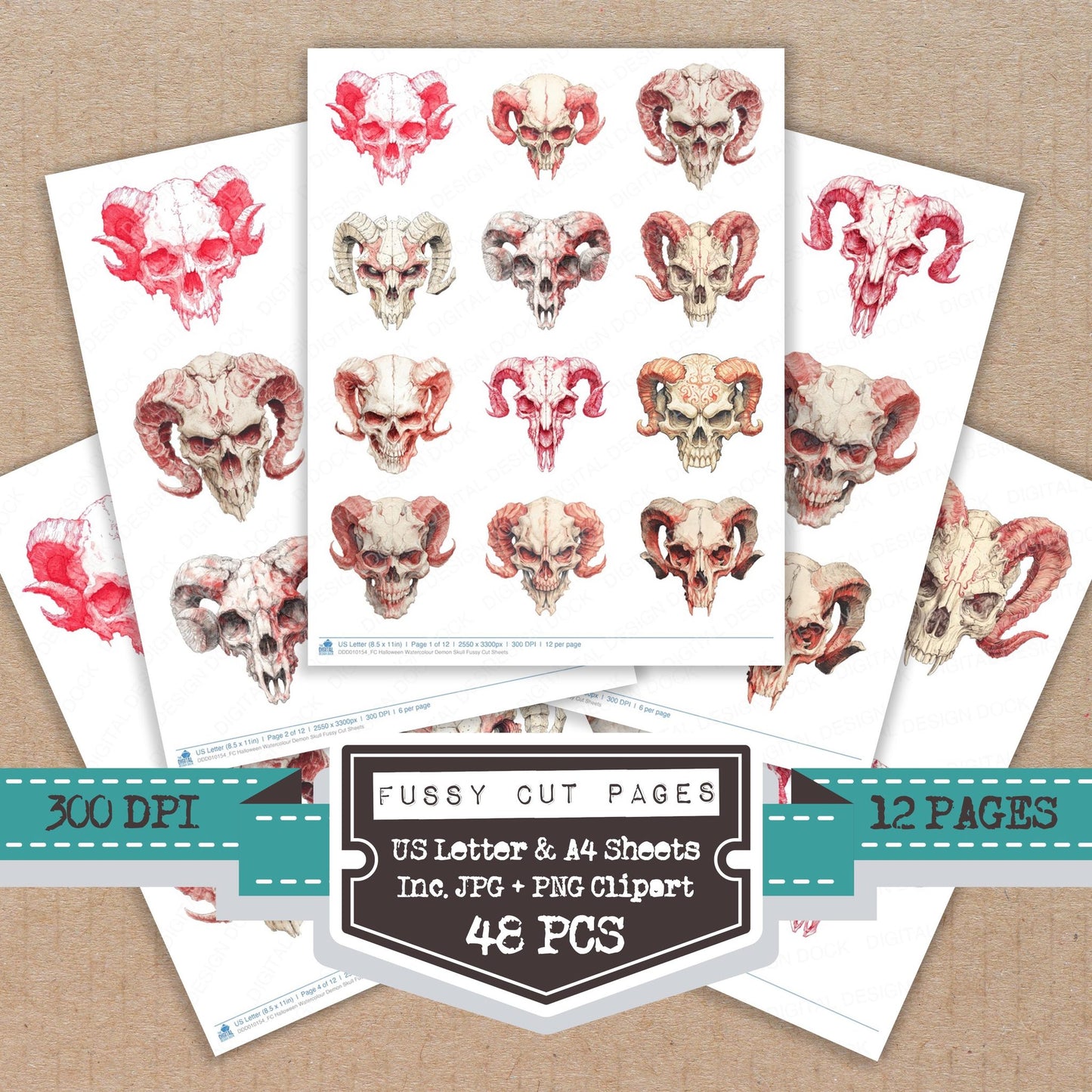 Halloween Watercolour Demon Skull fussy cut printable sheets for junk journaling, scrapbooking, and paper craft projects
