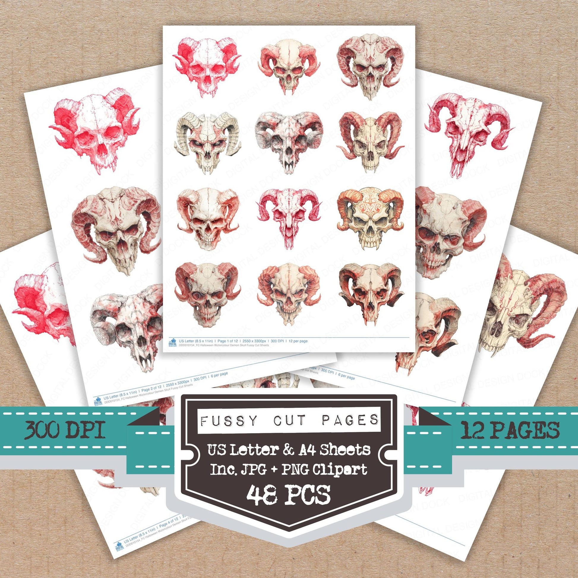 Halloween Watercolour Demon Skull fussy cut printable sheets for junk journaling, scrapbooking, and paper craft projects