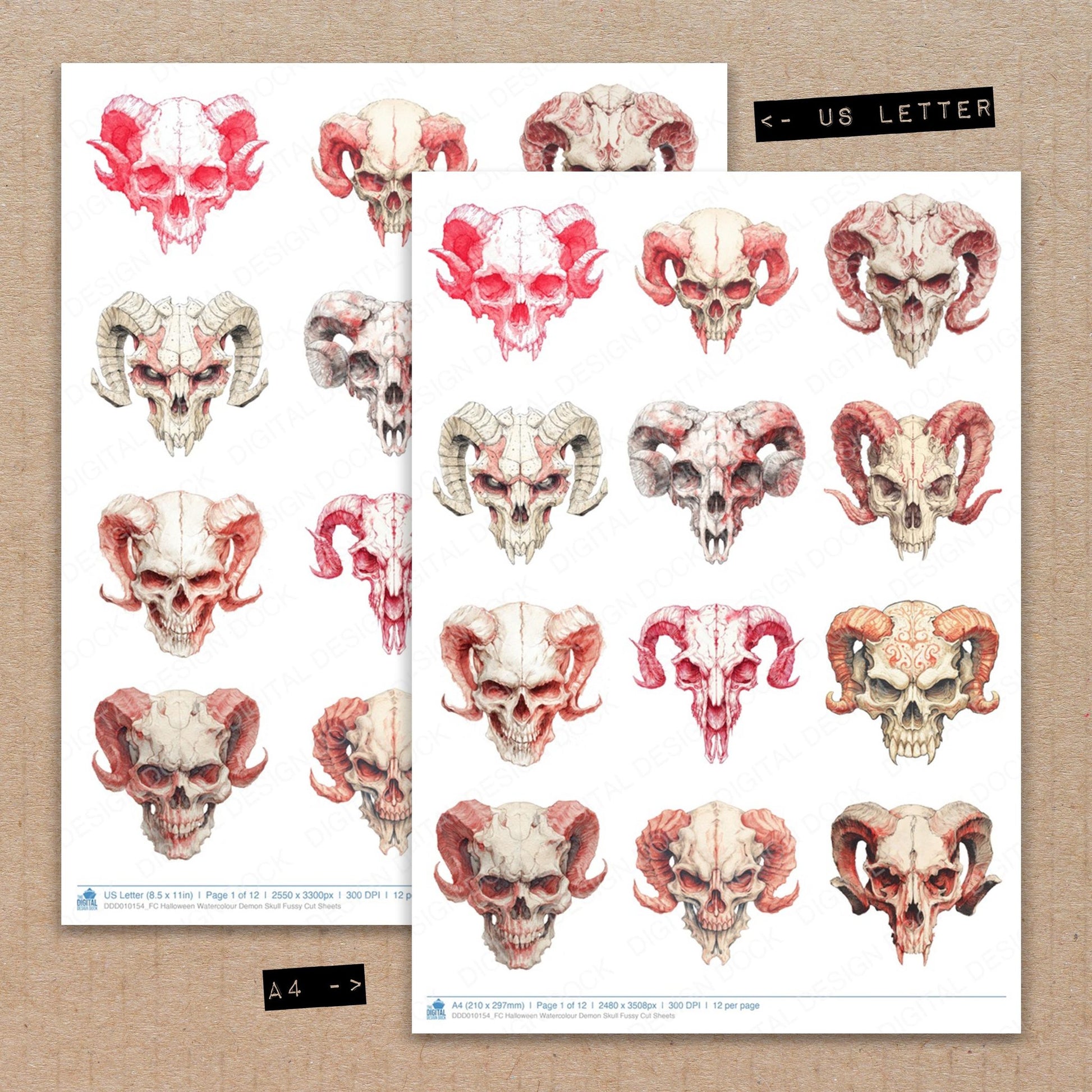A4 and US Letter format comparison showing Halloween Watercolour Demon Skull fussy cut pages for print and cut crafting