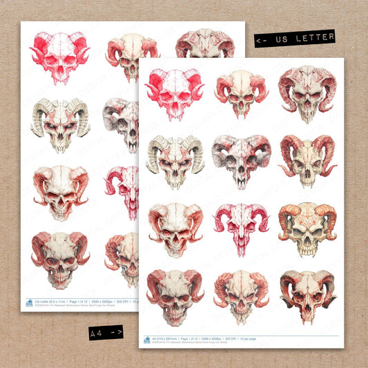 A4 and US Letter format comparison showing Halloween Watercolour Demon Skull fussy cut pages for print and cut crafting