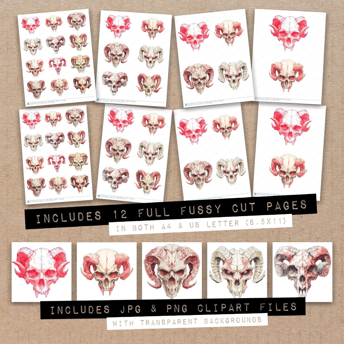 Full collection view of Halloween Watercolour Demon Skull fussy cut sheets with bonus clipart JPG and PNG files
