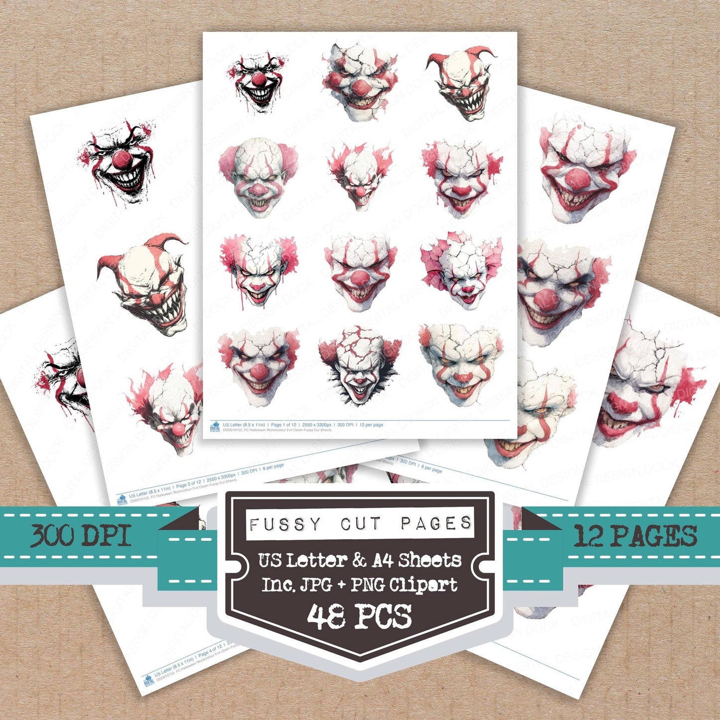 Halloween Watercolour Evil Clown Fussy Cut Sheets (DDD010155)