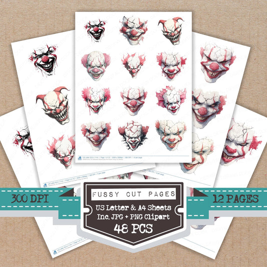 Halloween Watercolour Evil Clown Fussy Cut Sheets (DDD010155)