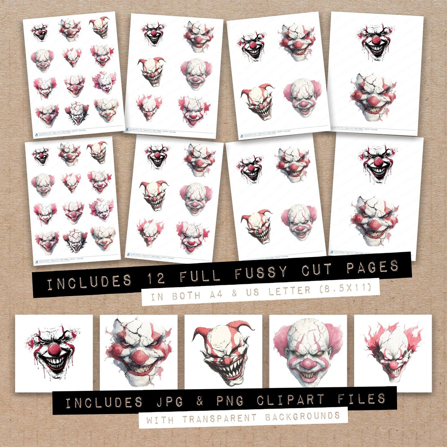 Halloween Watercolour Evil Clown Fussy Cut Sheets (DDD010155)