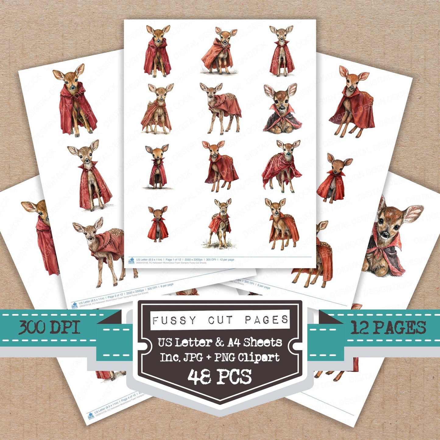 Halloween Watercolour Fawn Vampire fussy cut printable sheets for junk journaling, scrapbooking, and paper craft projects
