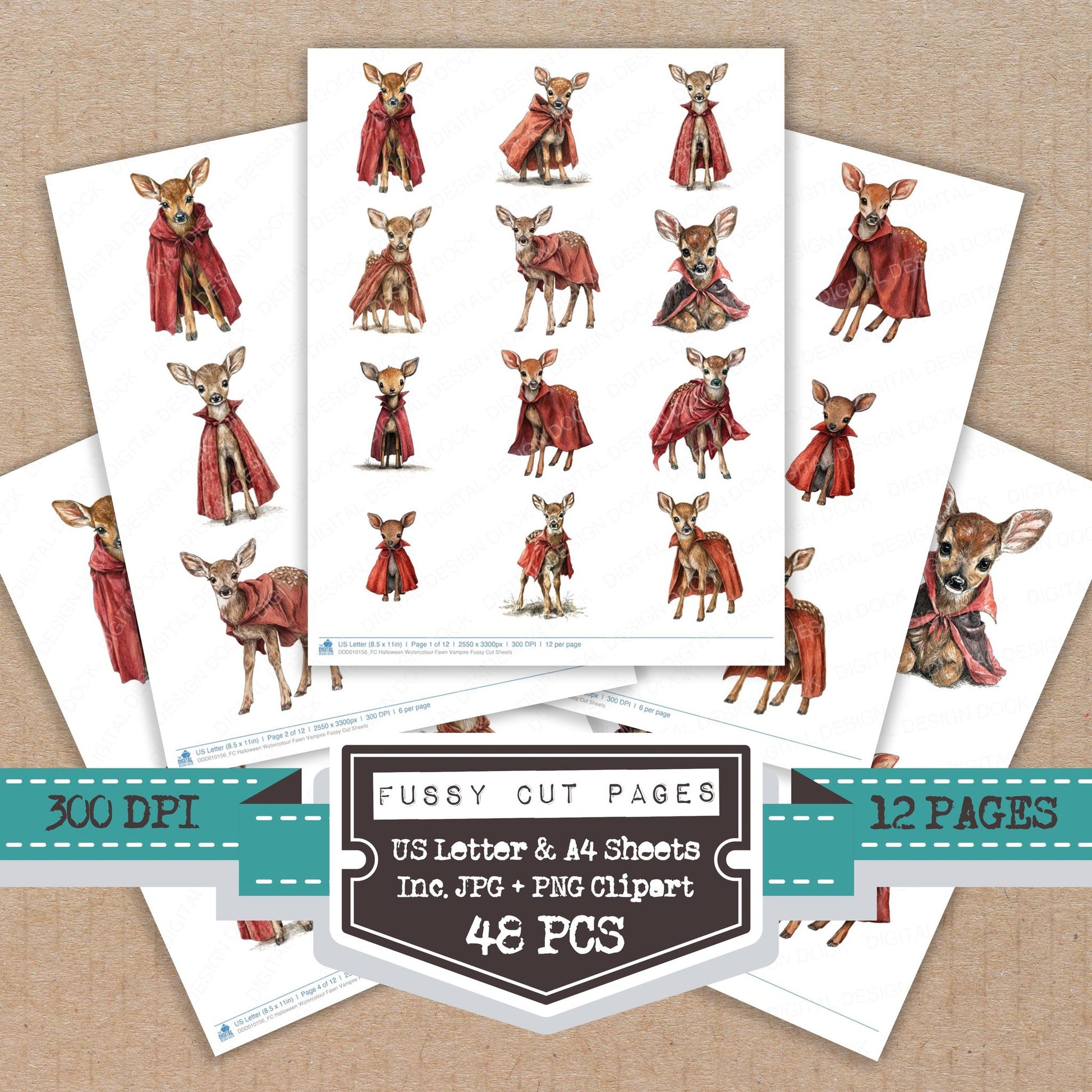 Halloween Watercolour Fawn Vampire fussy cut printable sheets for junk journaling, scrapbooking, and paper craft projects