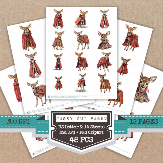 Halloween Watercolour Fawn Vampire fussy cut printable sheets for junk journaling, scrapbooking, and paper craft projects