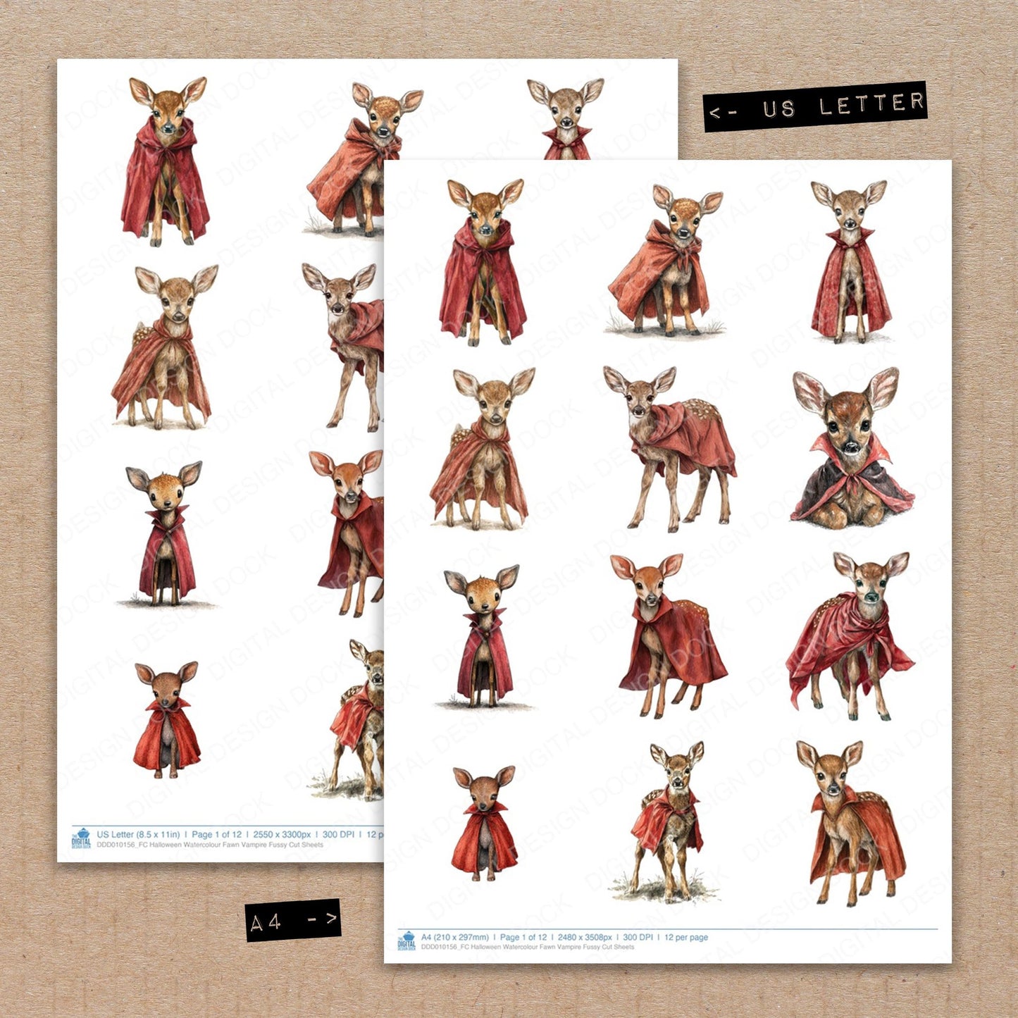 A4 and US Letter format comparison showing Halloween Watercolour Fawn Vampire fussy cut pages for print and cut crafting