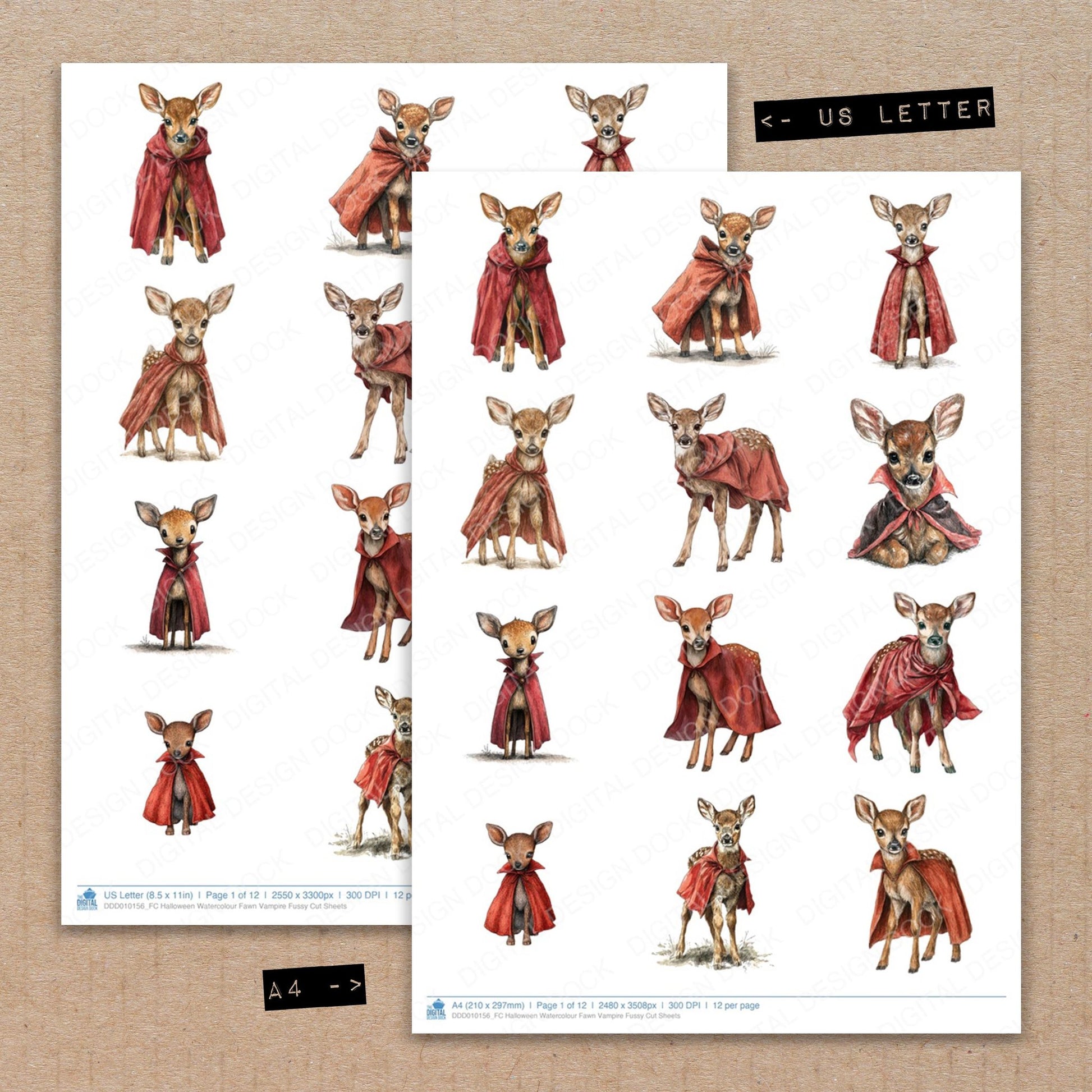 A4 and US Letter format comparison showing Halloween Watercolour Fawn Vampire fussy cut pages for print and cut crafting