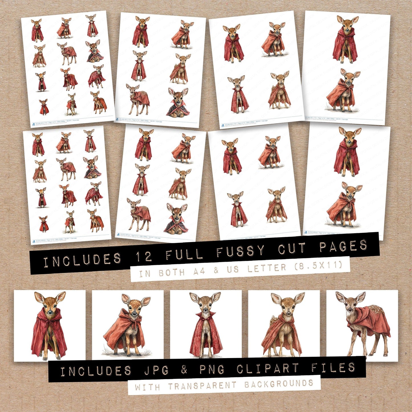 Full collection view of Halloween Watercolour Fawn Vampire fussy cut sheets with bonus clipart JPG and PNG files